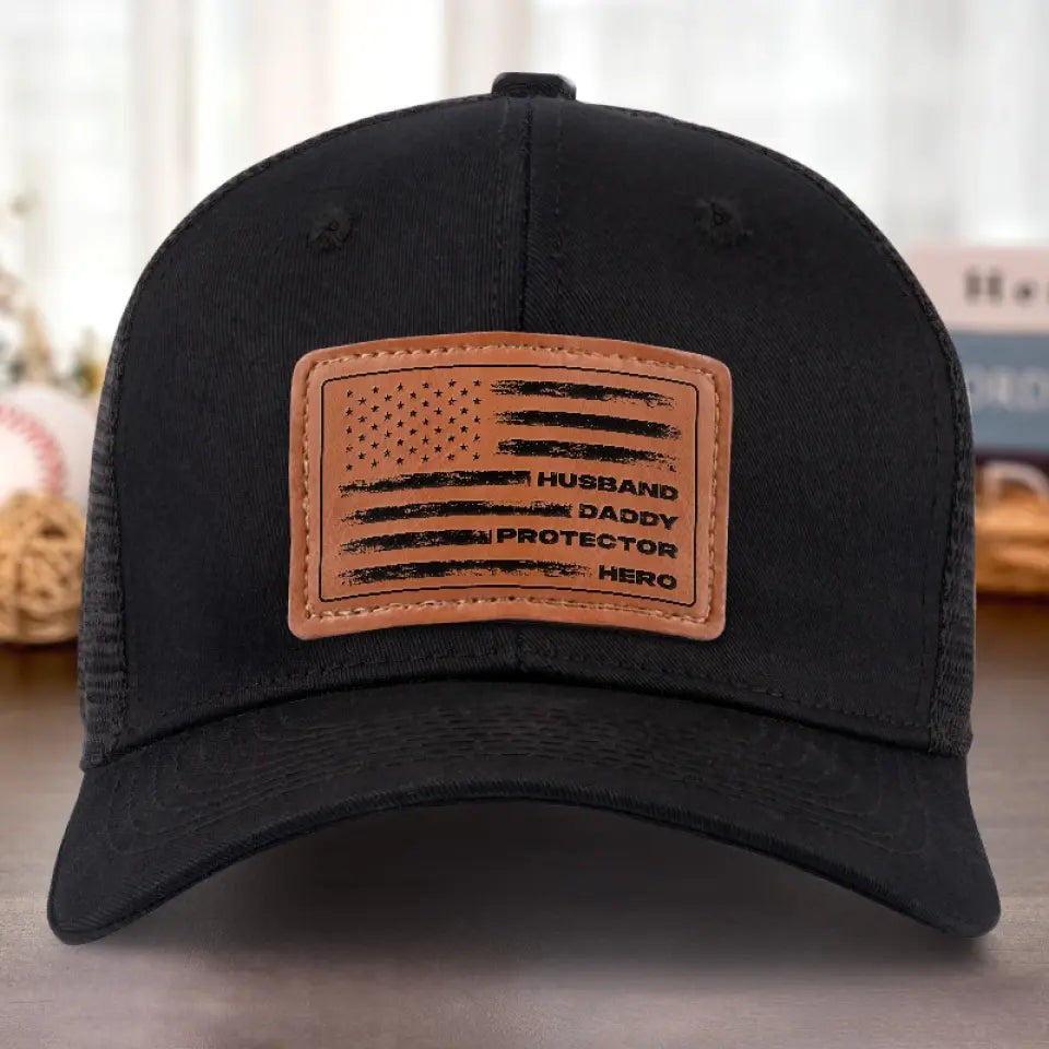 Husband Daddy Protector Hero   Personalized Leather Label Net Hat   Gift For Father Papa Fathers Day Gift 1780460000488.jpg