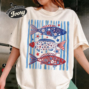 Patriotic Fish Shirt American Independence Day Tee Fourth Of July Fishing Shirt Retro Usa Fish Graphic Tee Red White Blue Comfort Colors 1780905778263.jpg