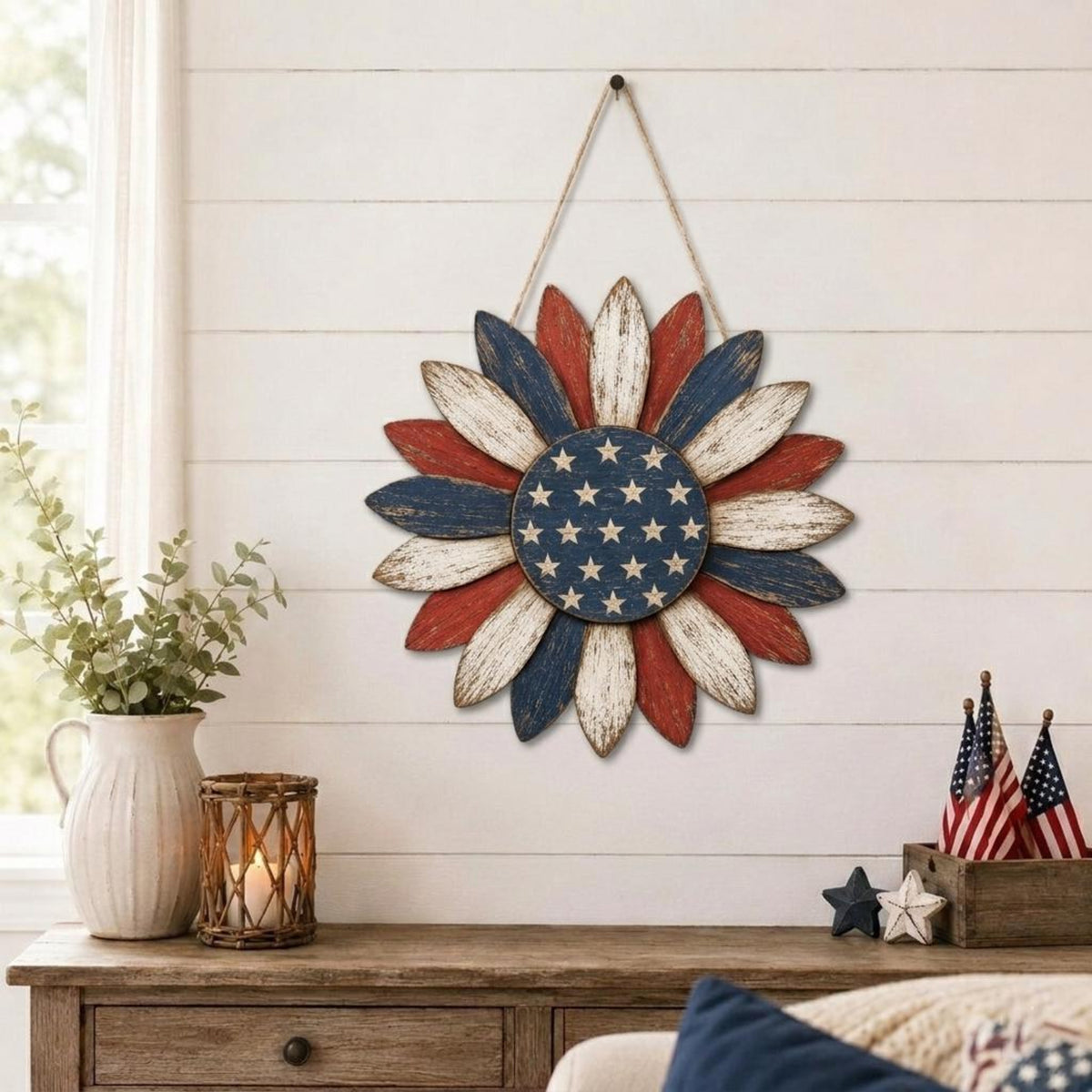 Patriotic Sunflower Door Hanger Rustic Americana Wall Decor 4th Of July Front Door Decor Farmhouse Porch Decor 250th Anniversary Sign 1781074364849.jpg