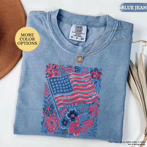 Comfort Colors Floral American Flag Shirt Patriotic Women Tee Red White And Blue Flowers Tshirt Girly Usa Shirt 250th Anniversary Gift 1781235304091.jpg