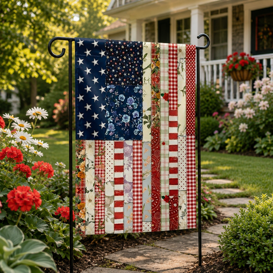 Patchwork American Flag Garden Flag Patriotic Yard Decor Patriotic Floral Garden Flag Rustic Fourth Of July Decor Vintage Outdoor Flag 1781576663445.png