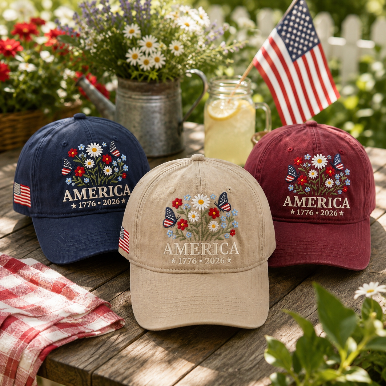America 250 Floral Butterfly Hat 1776 2026 Wildflower Embroidered Cap Womens 4th Of July Vintage Dad Hat Patriotic Cottagecore 1781597191952.png