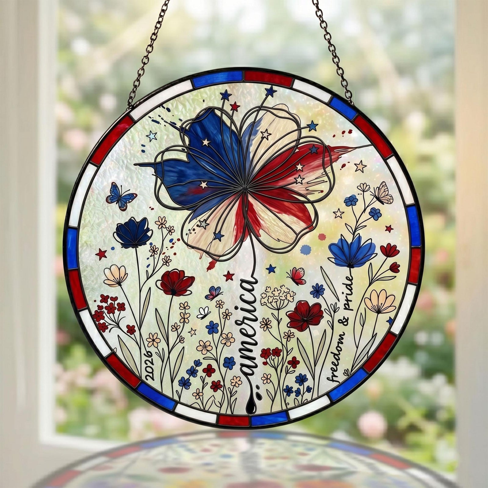 Usa 250 Years Stained Glass Suncatcher Patriotic Floral Acrylic Window Hanging 4th Of July 2026 Decor American Rose Cornflower Gift 1781600156282.jpg
