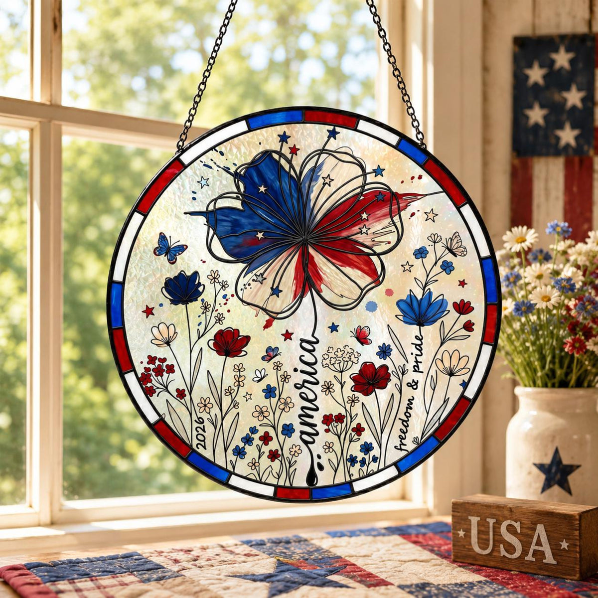 Usa 250 Years Stained Glass Suncatcher Patriotic Floral Acrylic Window Hanging 4th Of July 2026 Decor American Rose Cornflower Gift 1781600156349.jpg