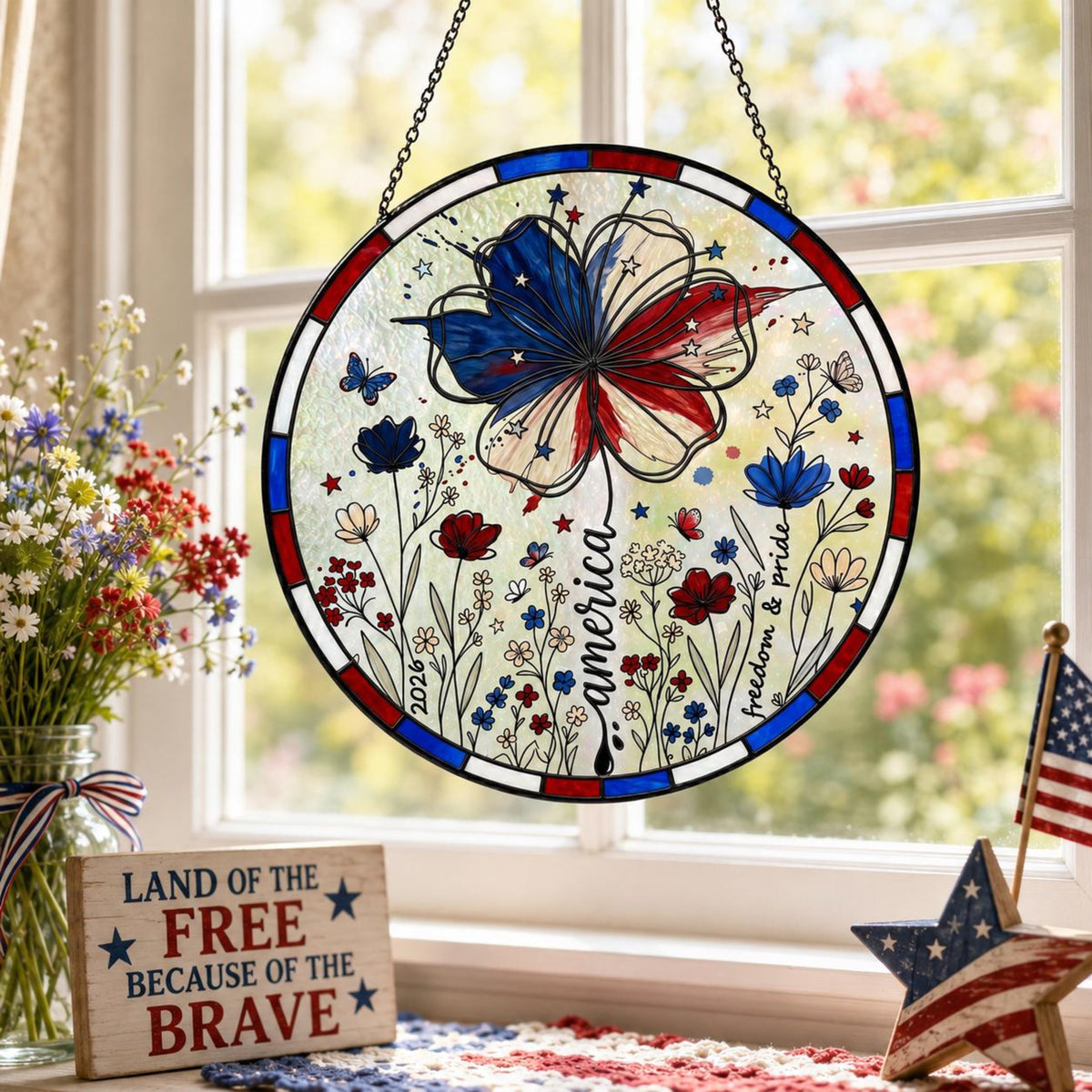 Usa 250 Years Stained Glass Suncatcher Patriotic Floral Acrylic Window Hanging 4th Of July 2026 Decor American Rose Cornflower Gift 1781600156928.jpg