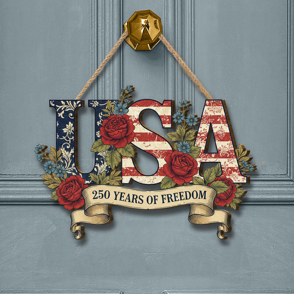 Usa 250th Anniversary Wooden Sign Patriotic Door Hanging Decor American Flag Floral Wall Sign 1781600371621.jpg