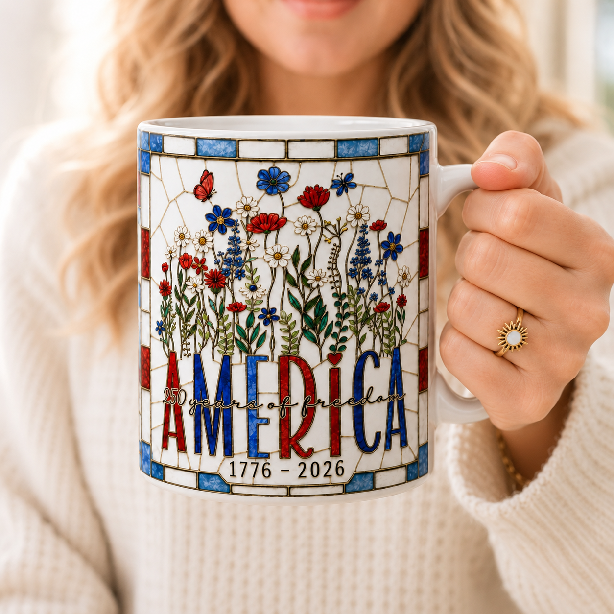America 250 Faux Stained Glass Mug Wildflower Coffee Mug Floral Patriotic Cup Independence Day Gift 1781861977401.png