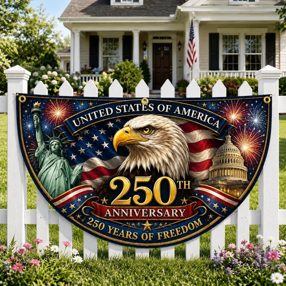 Usa 250th Anniversary Patriotic Bunting Banner Custom Family Name America 1776 2026 Semicircle Fence Flag Christian Freedom Porch Decor 1782186844790.jpg