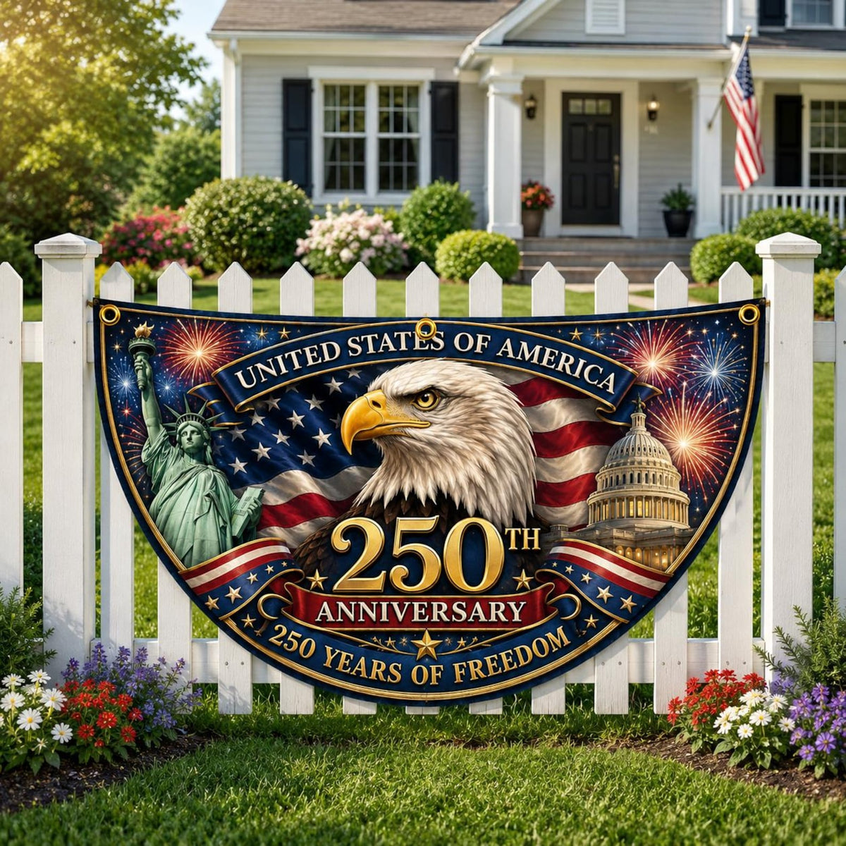 Usa 250th Anniversary Patriotic Bunting Banner Custom Family Name America 1776 2026 Semicircle Fence Flag Christian Freedom Porch Decor 1782186844892.jpg