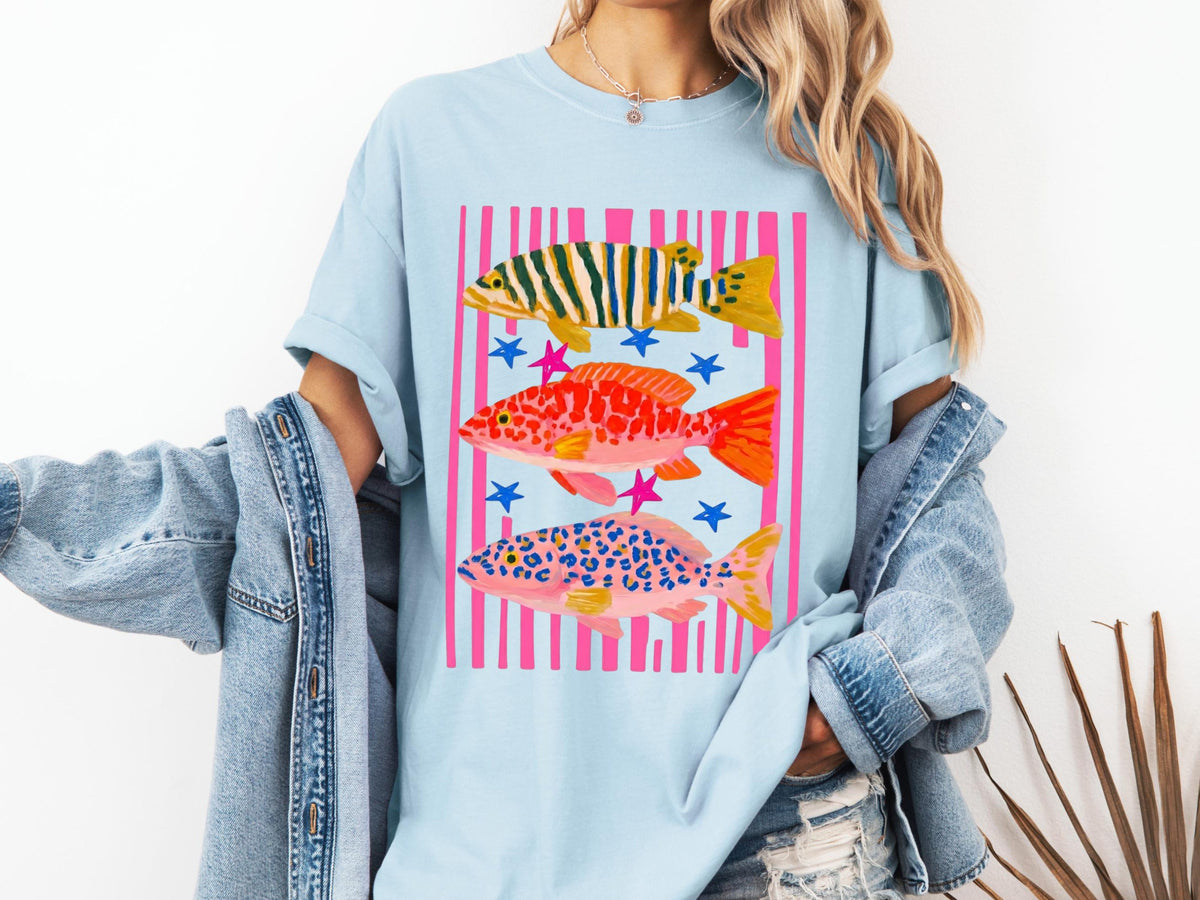 Comfort Colors Fish Shirt   Summer Boho Tee   Coastal Beach T Shirt   Tropical Bright Color Fish Tshirt   Retro Graphic Ocean Life Tee 1782534878230.jpg
