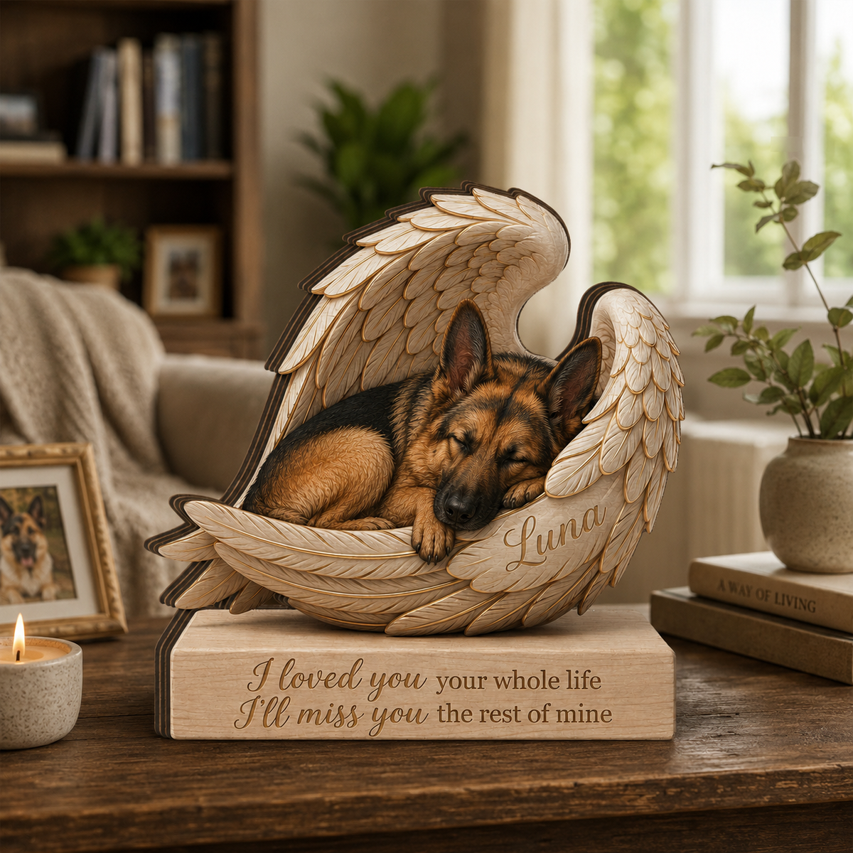 Personalized Wood German Shephed Memorial Block: Custom Angel Wing Dog Portrait Stand, Pet Sympathy Gift