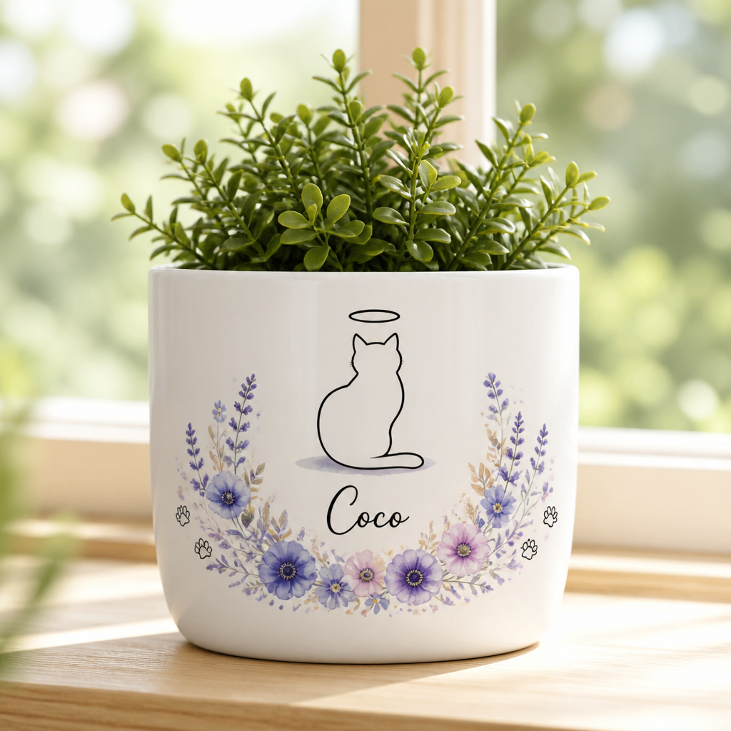 Personalized Cat Memorial Planter – Halo Cat Line Art with Floral Wreath - Personalized Plant Pot & Vase 1794f8f0-10f3-4330-b3df-e0d080fa60e0.png