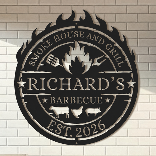 Personalized Metal BBQ Sign Custom Smoke House & Grill Wall Art Outdoor Kitchen Decor Gift for Grill Master, Father's Day Gift For Father, Grandfather - Garden BBQ Plaque