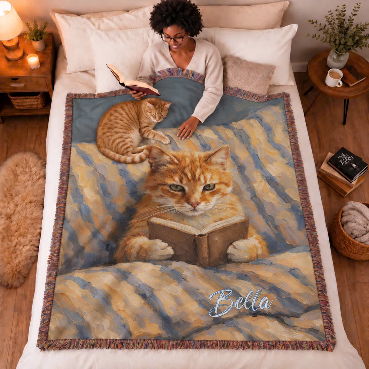 Personalised Oil Painting Pet Reading in Bed Photo Tassel Soft Throw Blanket with Name Home Decor Christmas Birthday Gift for Pet Lover 17fdeb38-441e-46de-843b-bf6112ce437e-banner-5.jpg