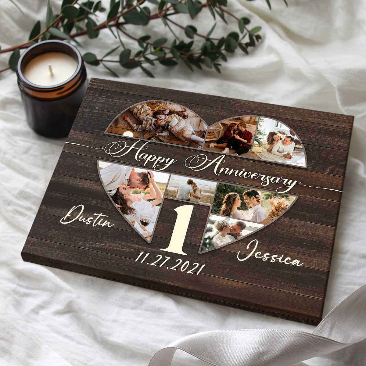 Personalized Anniversary Gift For Her, Heart Shape Couple Photo Collage Canvas