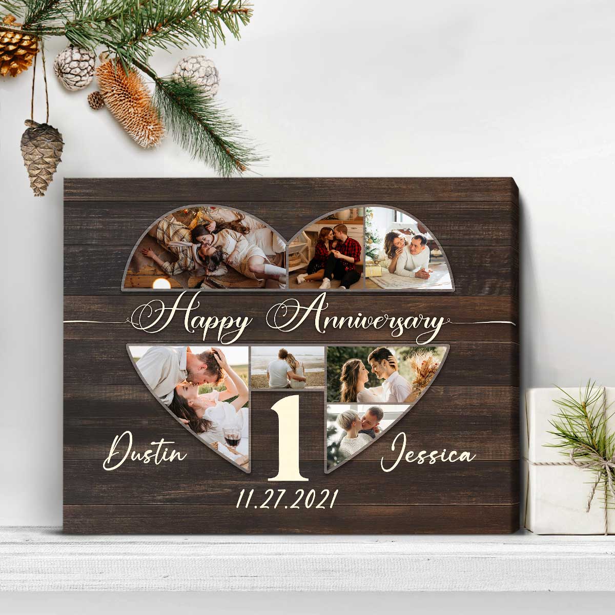 Personalized Anniversary Gift For Her, Heart Shape Couple Photo Collage Canvas