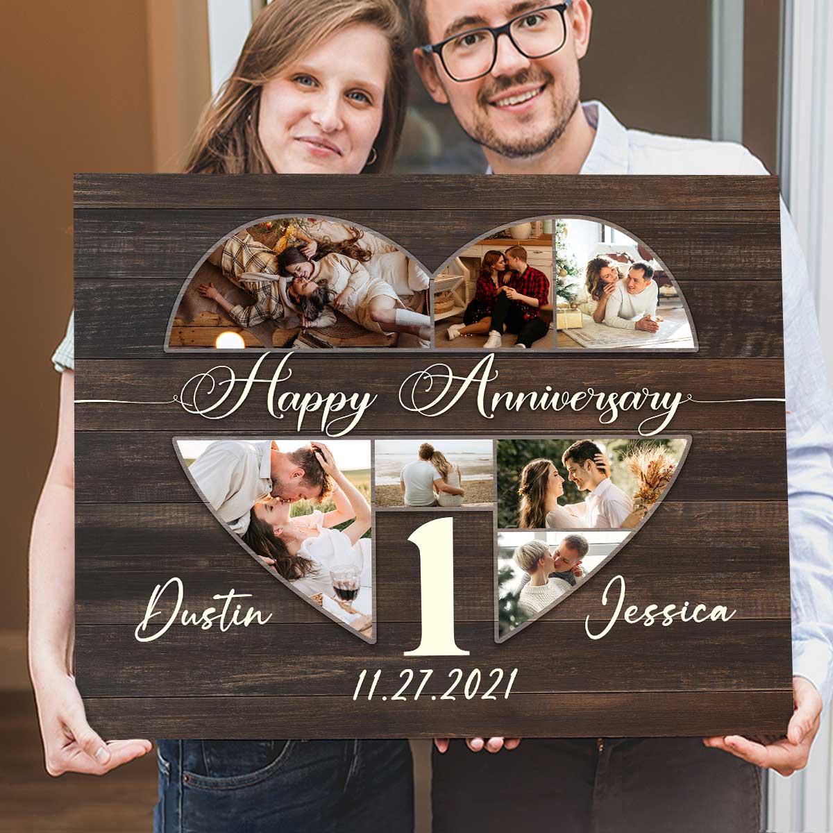 Personalized Anniversary Gift For Her, Heart Shape Couple Photo Collage Canvas