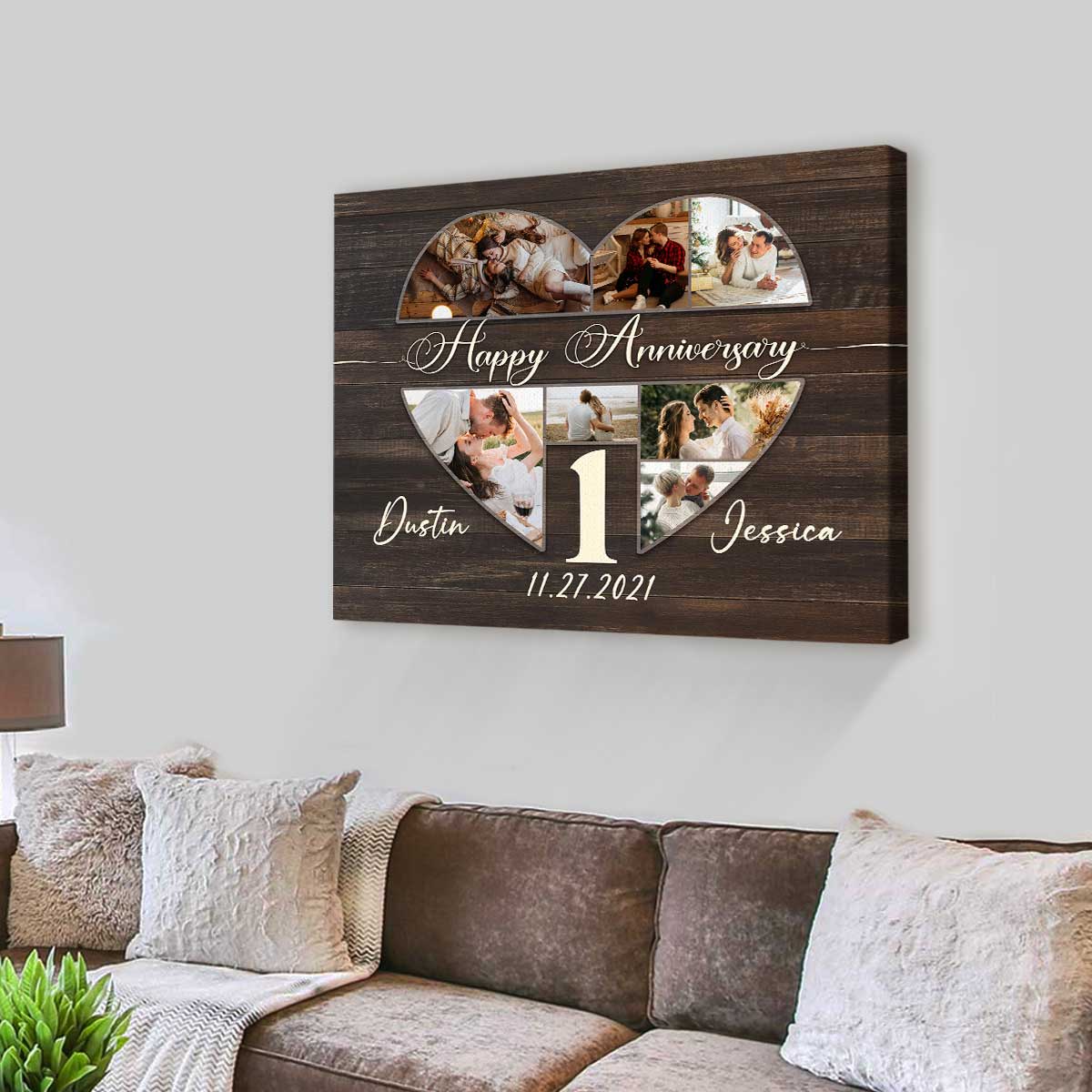 Personalized Anniversary Gift For Her, Heart Shape Couple Photo Collage Canvas