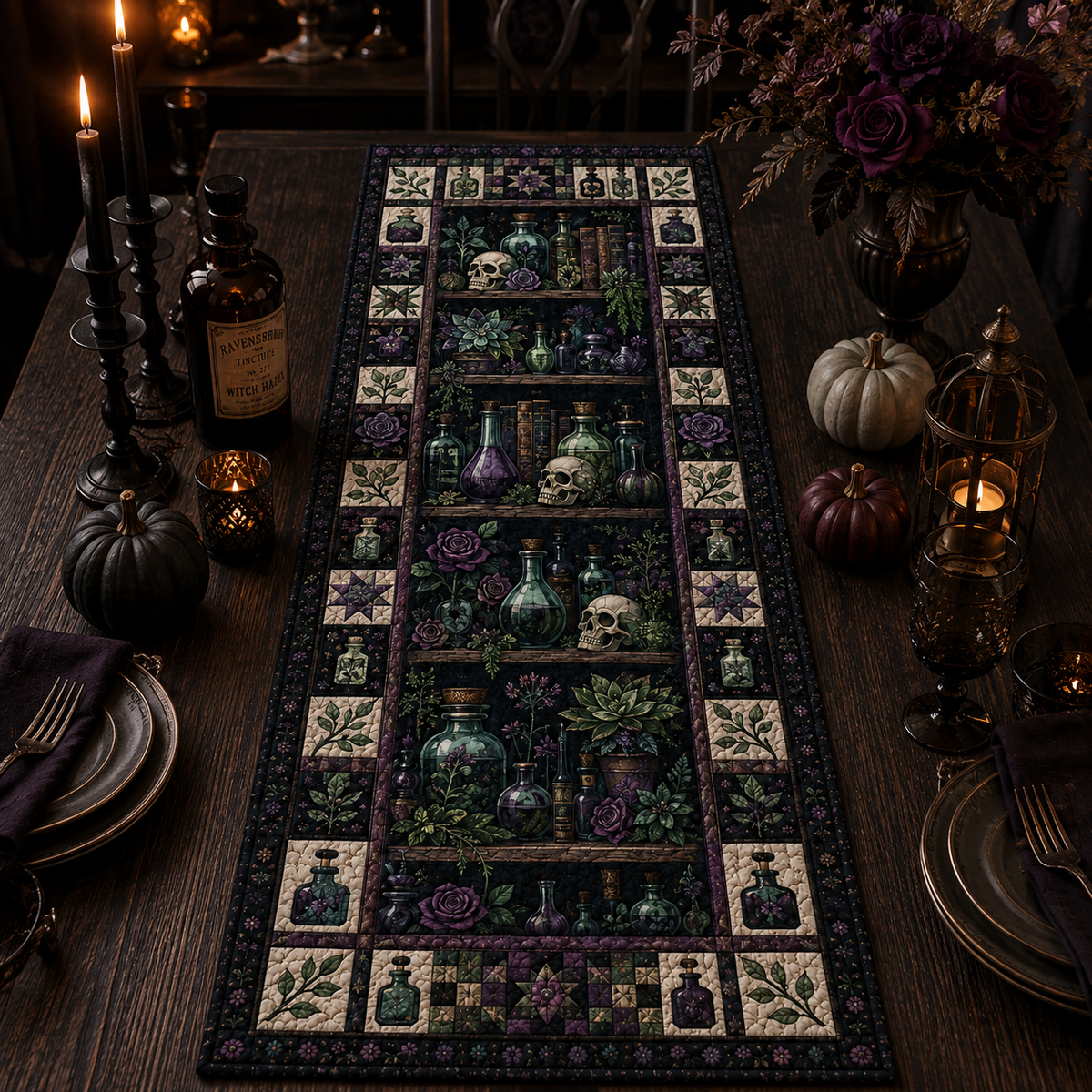 Witchy Apothecary Quilted Table Runner, Potion Bottles & Skulls Gothic Halloween Table Decor, Dark Botanical Kitchen Decor 186a3774-8143-45d4-8da6-62b04c274226-Image-Aug-13-2026-02_53_31-PM-3-.png