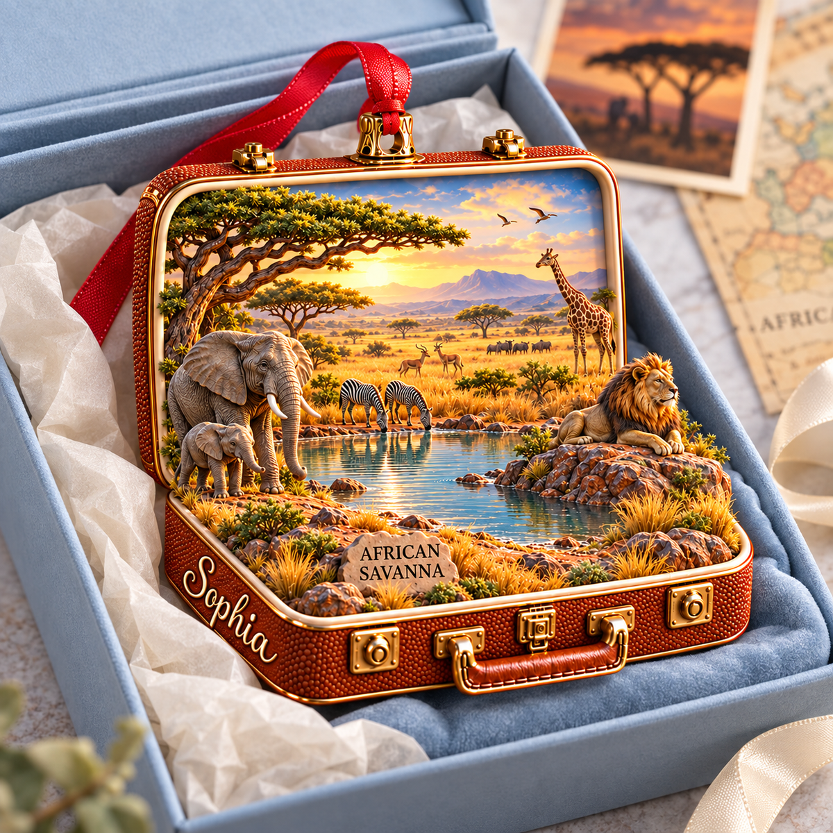 Personalized African Savanna 3D Suitcase Christmas Ornament – Safari Travel Souvenir & Gift for Wildlife Lovers 18977dc9-b6c3-42a9-a0a4-dd9109cc4075-African-Savanna-Ornament-Gift-Box-4.png