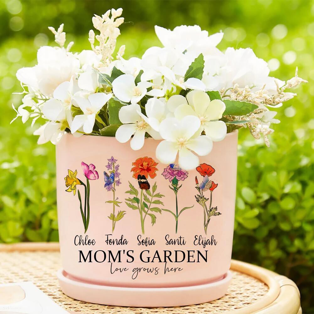 Mother's Day Gift Personalized Grandma's Garden Outdoor Flower Pot With Grandkids Name and Birth Flower For Mother's Day