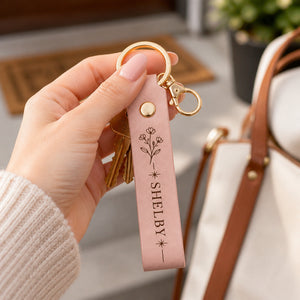 Personalized Engraved Leather Name Keychain – Floral Line Art - Personalized Leather Keychain 18f0b0f3-4b29-45c9-bf00-ce945d541775.jpg