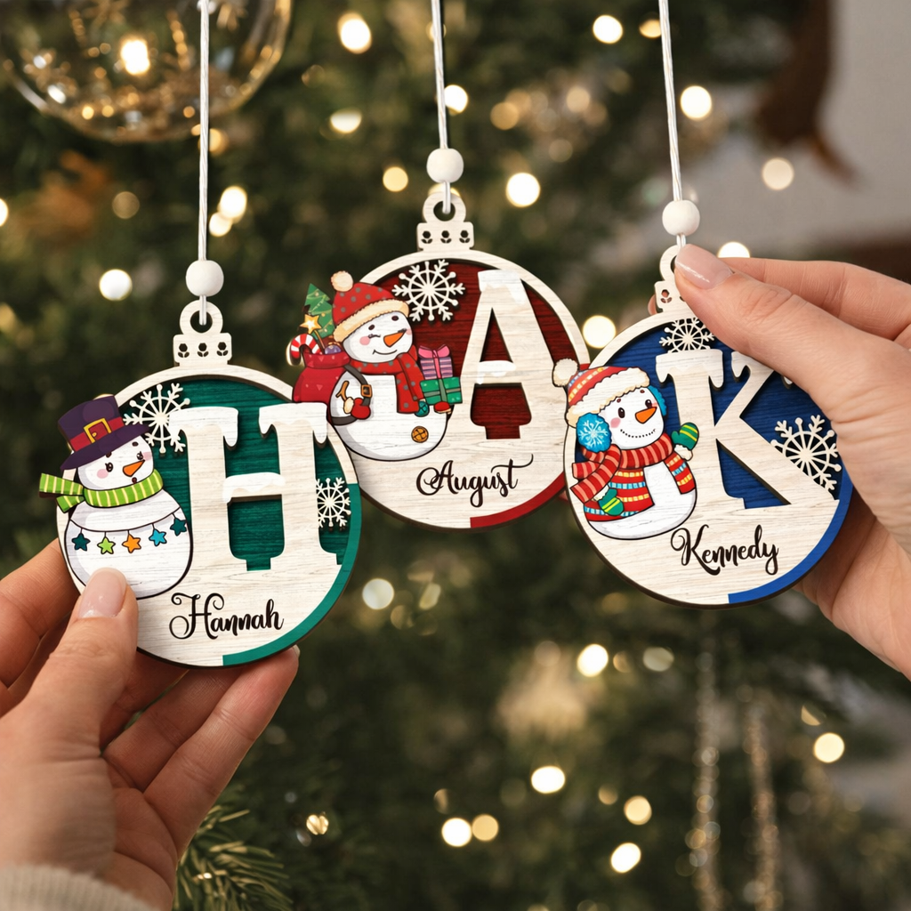 Personalized Snowman Christmas Ornament 2024, Name Tags Wooden, Letter Name Ornament, Custom Snowman Family ornaments, Xmas Gift For Kids