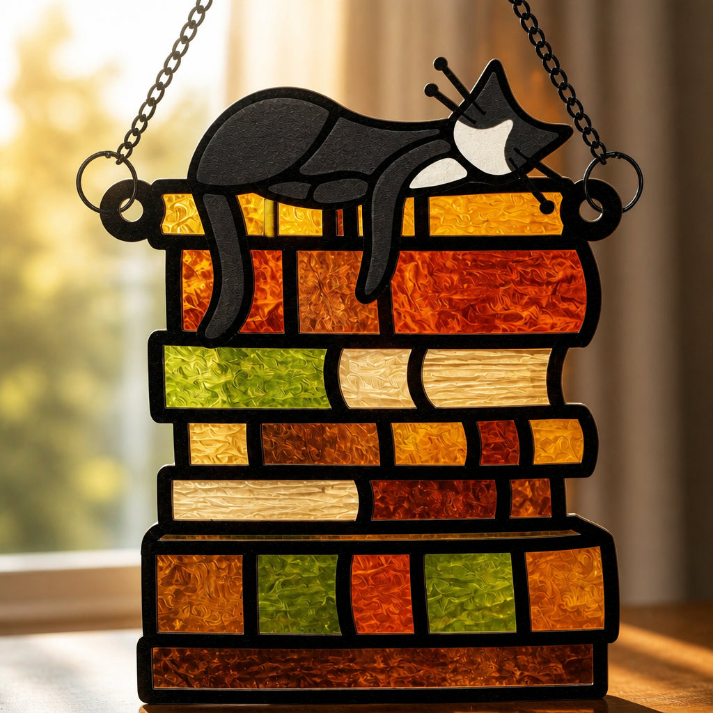 Cat Nap on Books Stained Glass Suncatcher - Suncatcher Stained Glass 190add2e-f440-42f2-9bfd-8b6dcd404277.jpg
