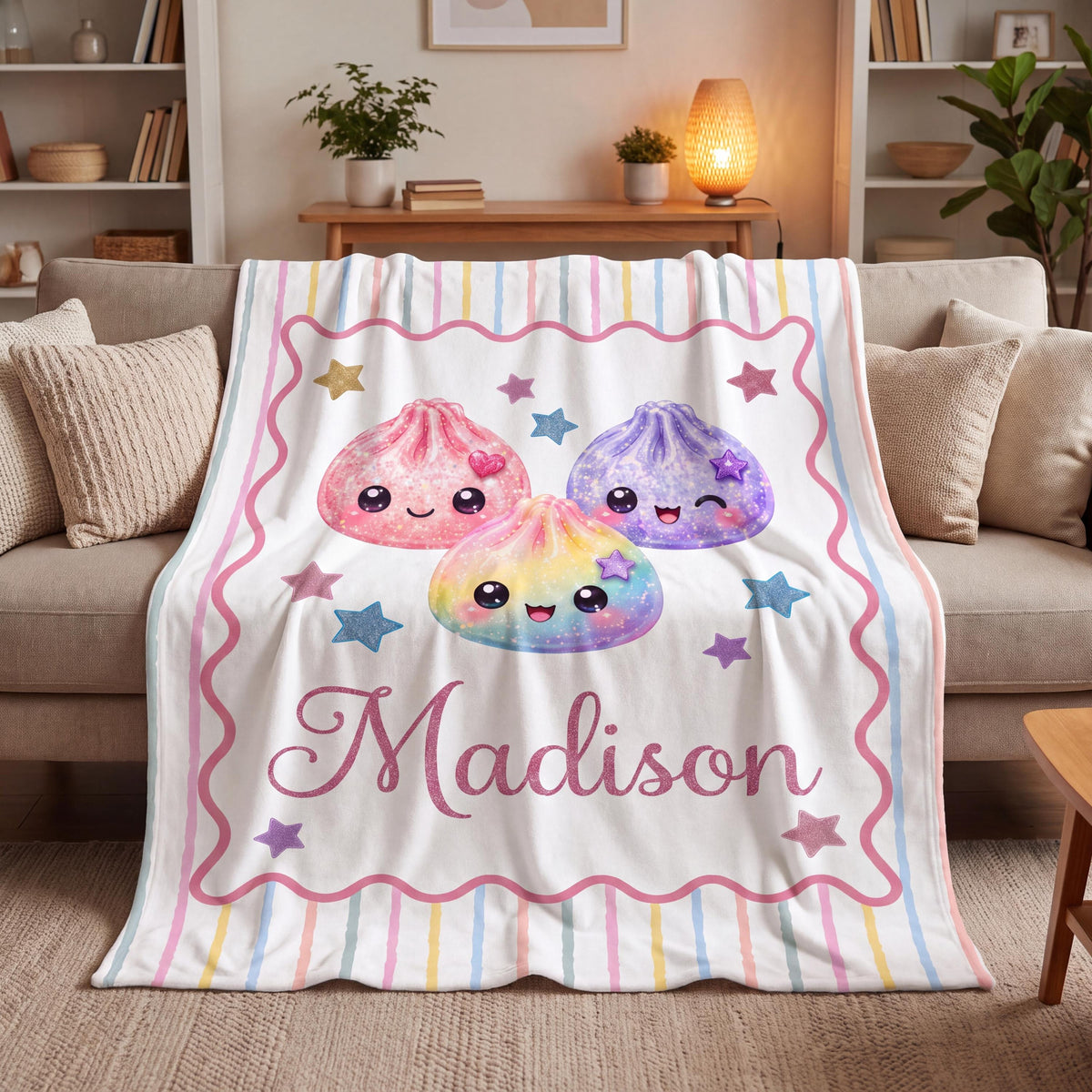 Personalized Squishy Dumpling Flannel Blanket, Custom Pastel Kawaii Throw, Cute Name Bedding Gift for Girls 19263dfc-b5aa-4d75-9ce5-c079b9abd75f-1.jpg