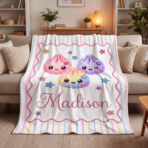 Personalized Squishy Dumpling Flannel Blanket, Custom Pastel Kawaii Throw, Cute Name Bedding Gift for Girls 19263dfc-b5aa-4d75-9ce5-c079b9abd75f-1.jpg