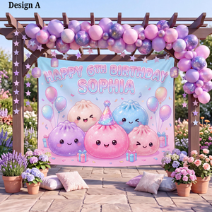 Custom Dumpling Birthday Backdrop, Kawaii Bao Tapestry for Girls, Pastel Little Dumpling Party Banner, Personalized Kids Photo Booth Prop 192adbba-b43f-4d84-b044-53b8150f5df1-design-a.png