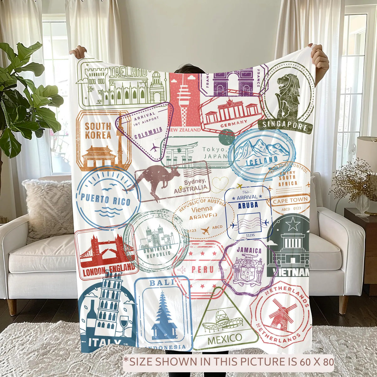 Adventure Awaits Custom Blanket, Create Your Own Velveteen Blanket Design with Travel Stamps from Countries Around the World, Traveler Gift 192f22b0-671d-459a-a370-7e04e78a0395-fssds-2-.webp