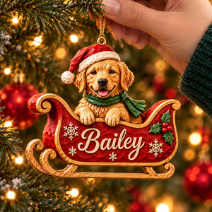 Personalized Dog Christmas Ornament – Custom Pet Photo & Name, 3D Relief Santa Sleigh Ornament, Christmas Gift for Dog Lovers 195fde7b-7dc2-4a81-9fe7-eb70b238474a-Bailey-puppy-ornament-hung-on-tree-4.png