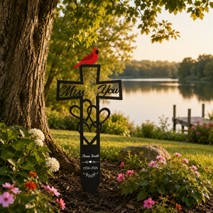 Cemetery Memorial Plaque with Cardinal & Cross Weatherproof Grave Marker with Miss You Script, Heart Accent, Outdoor Ground Stake for Garden, Cemetery Remembrance Tribute