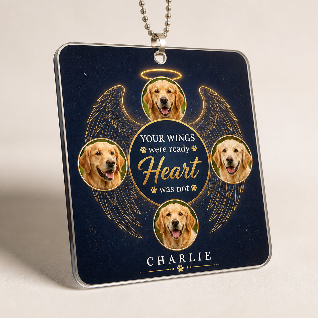 Pet Memorial Car Suncatcher Ornament – Your Wings My Heart – 4-Photo Collage with Name - Personalized Suncatcher Ornament 19a3b5e0-14c3-42c0-88fb-eb35be9559b8.jpg