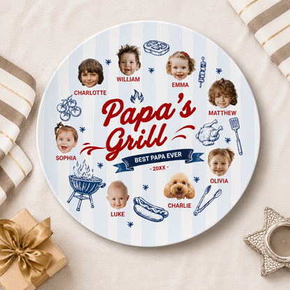 Papa's Grilling Plate Round, Personalized Grandpa Platter, Papa Photo BBQ Plate With Kids Face, Fathers Day Gift From Grandkids