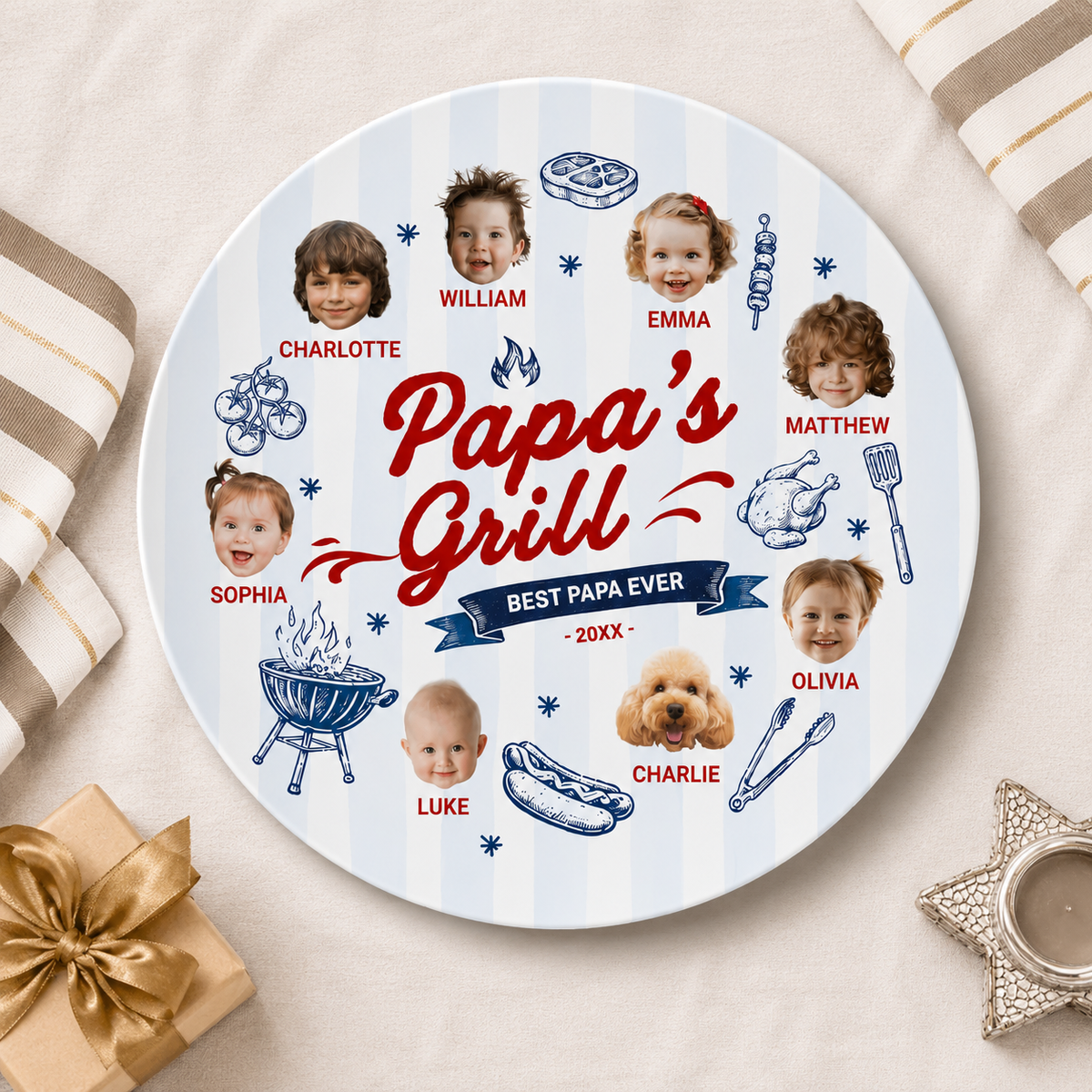 Papa's Grilling Plate Round, Personalized Grandpa Platter, Papa Photo BBQ Plate With Kids Face, Fathers Day Gift From Grandkids