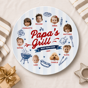 Papa's Grilling Plate Round, Personalized Grandpa Platter, Papa Photo BBQ Plate With Kids Face, Fathers Day Gift From Grandkids