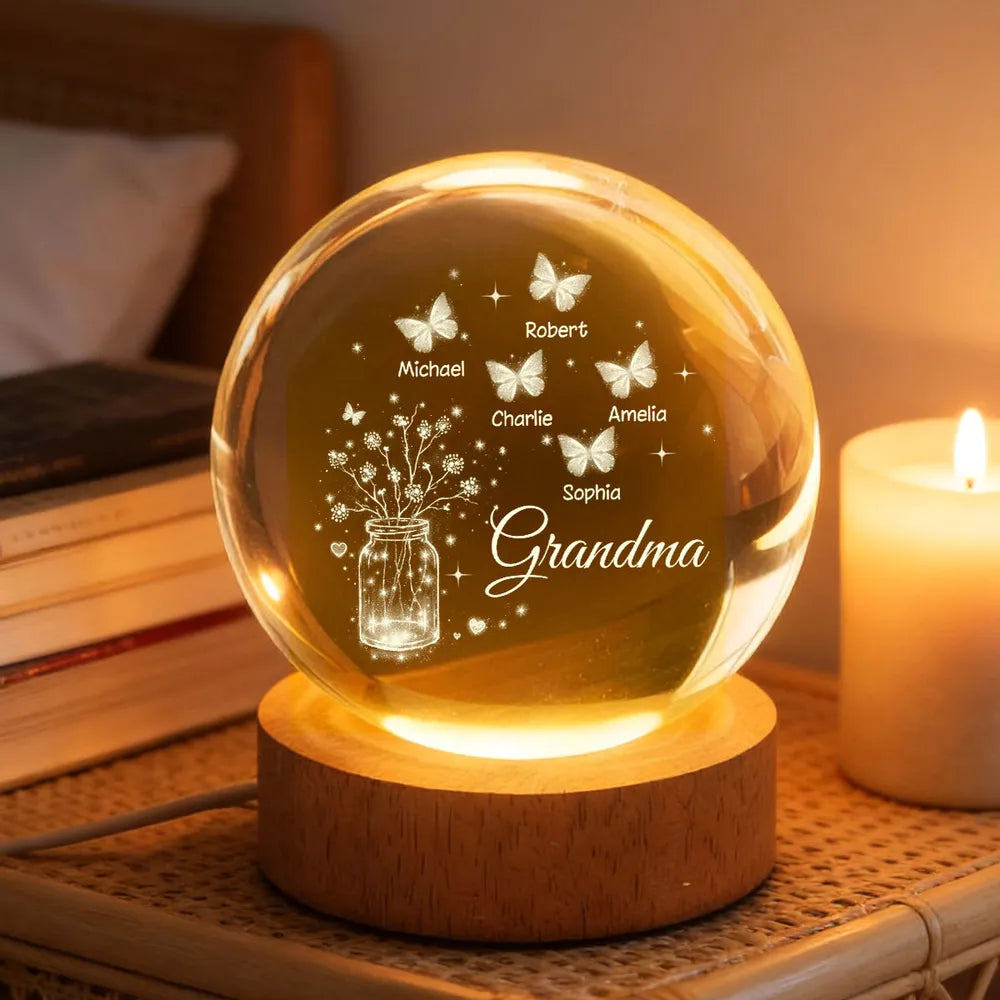 Mom Grandma Butterfly Flower Jar - Personalized Crystal Ball LED Night Light - Sentimental Gift for Grandma, Mom, Mother's Day Gift