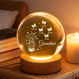 Mom Grandma Butterfly Flower Jar - Personalized Crystal Ball LED Night Light - Sentimental Gift for Grandma, Mom, Mother's Day Gift