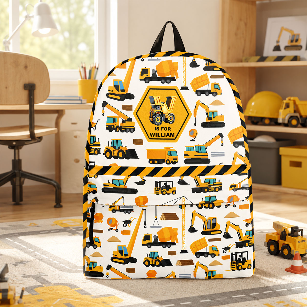 Construction Vehicles Truck, Unicorn Letter - Personalized Kid Backpack