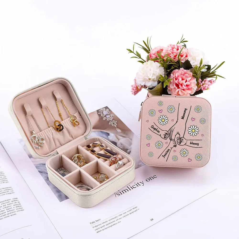 Mom Flower Kids Holding Hand Outline - Personalized Square Jewelry Box - Gift For Mom, Mother's Day, Birthday Gift