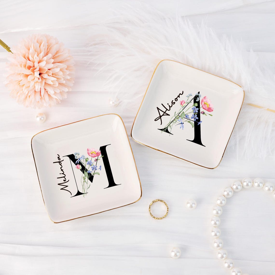Coloful Flower Ring Dish with Letter, Personalized Initial Jewelry Dish with Name, Bridal Party Favors,Trinket Dish, Wedding Bridesmaid Gift