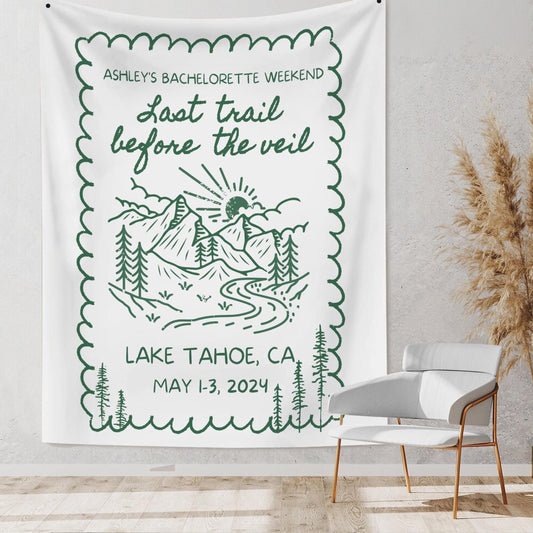 Custom Bachelorette Party Decor, Mountain Bachelorette Party Banner, Forest Bach Tapestry, Last Trail Before The Veil Hiking Bridal Shower