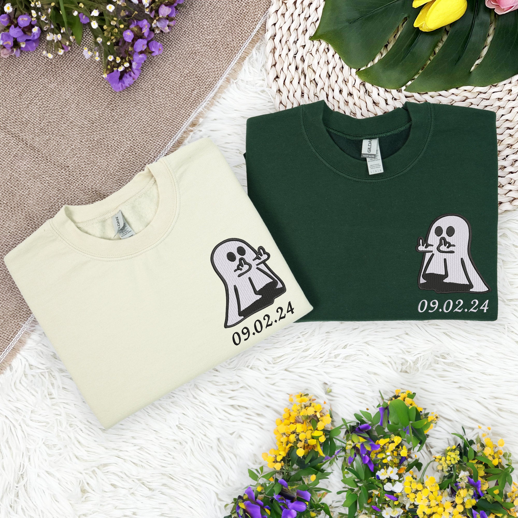 Embroidered Cute Ghost Sweatshirt, Ghost Sweatshirt, Matching Couple Hoodie