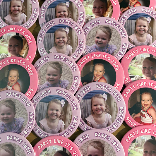 Custom Picture Birthday Buttons, Personalized Photo Pins, Party Favors for Birthdays