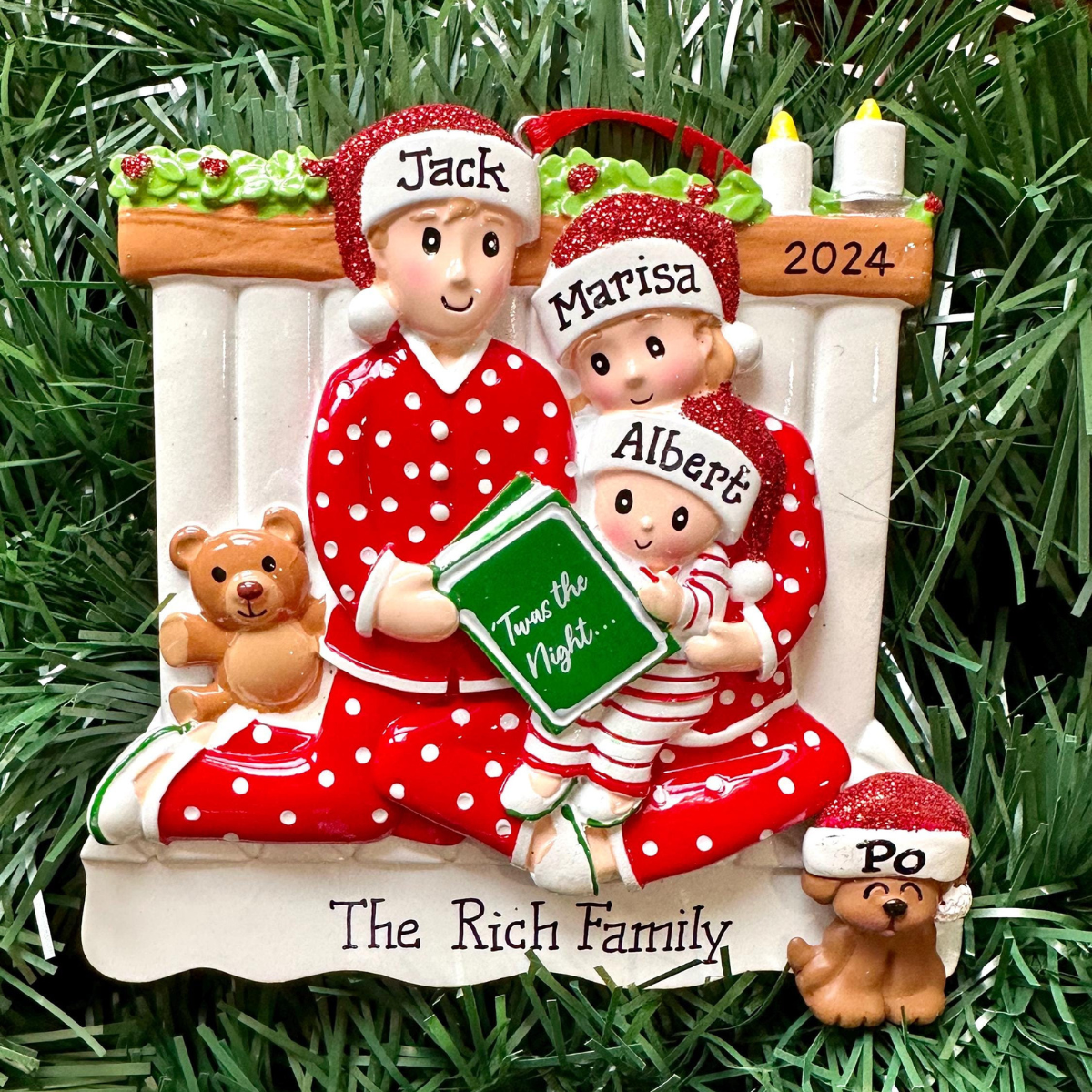 Pajama Family of Three, Personalized Resin Christmas Ornament, Gift For Family