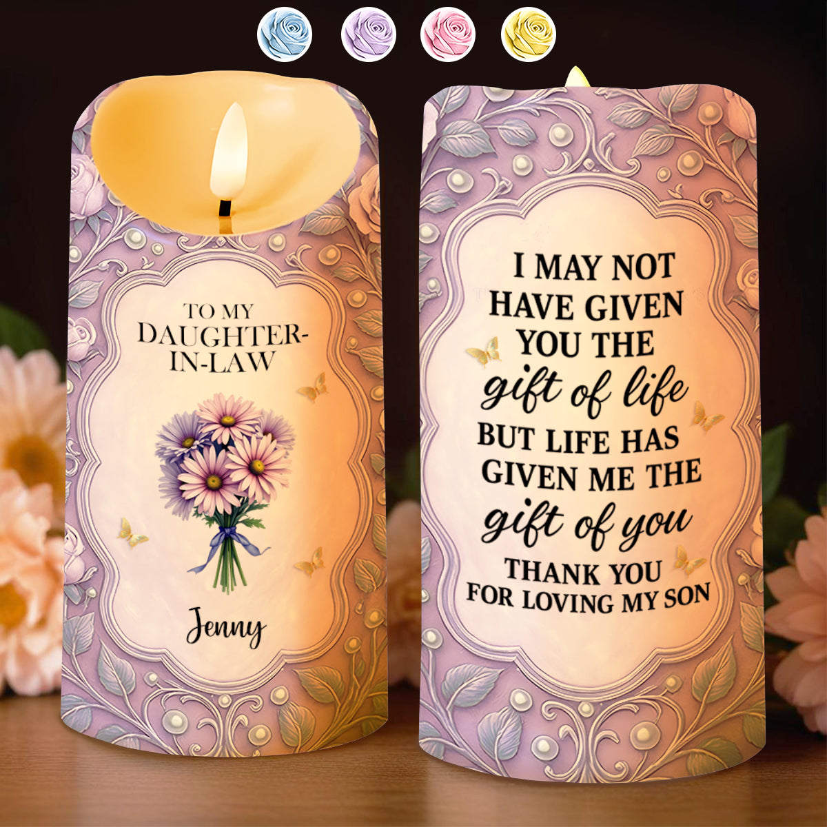 To My Daughter-In-Law, Gift Of Life, Flowers and Butterflies, Custom LED Candle, Gift For Daughter-In-Laws