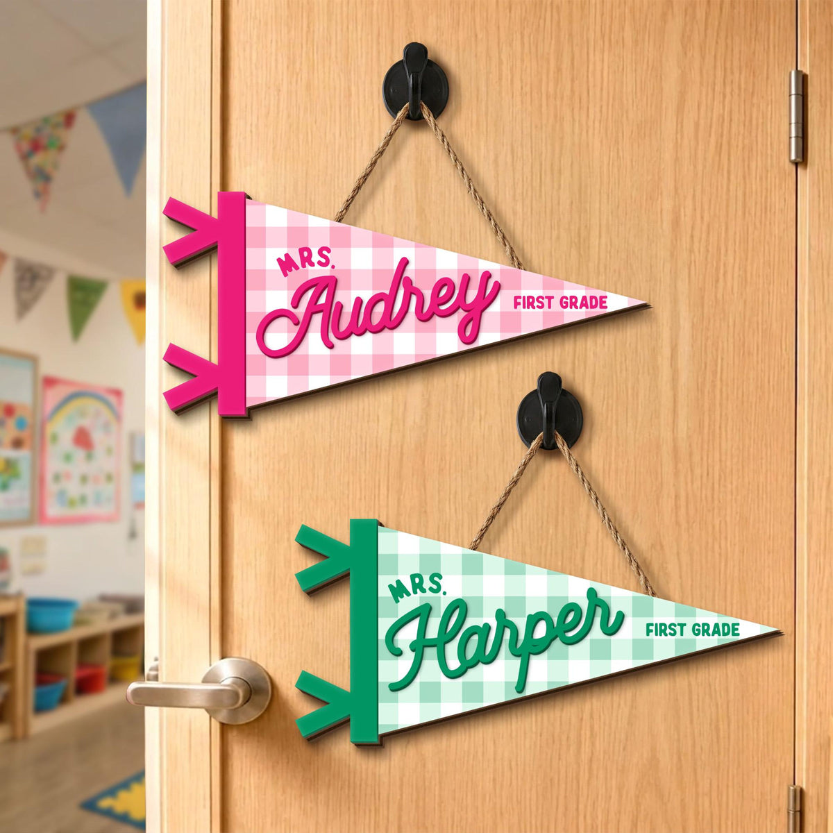 Personalized Teacher Door Hanger, Custom Teacher Name Sign, Pennant Flag Classroom Door Sign, Classroom Decor, Teacher Gift, Back To School