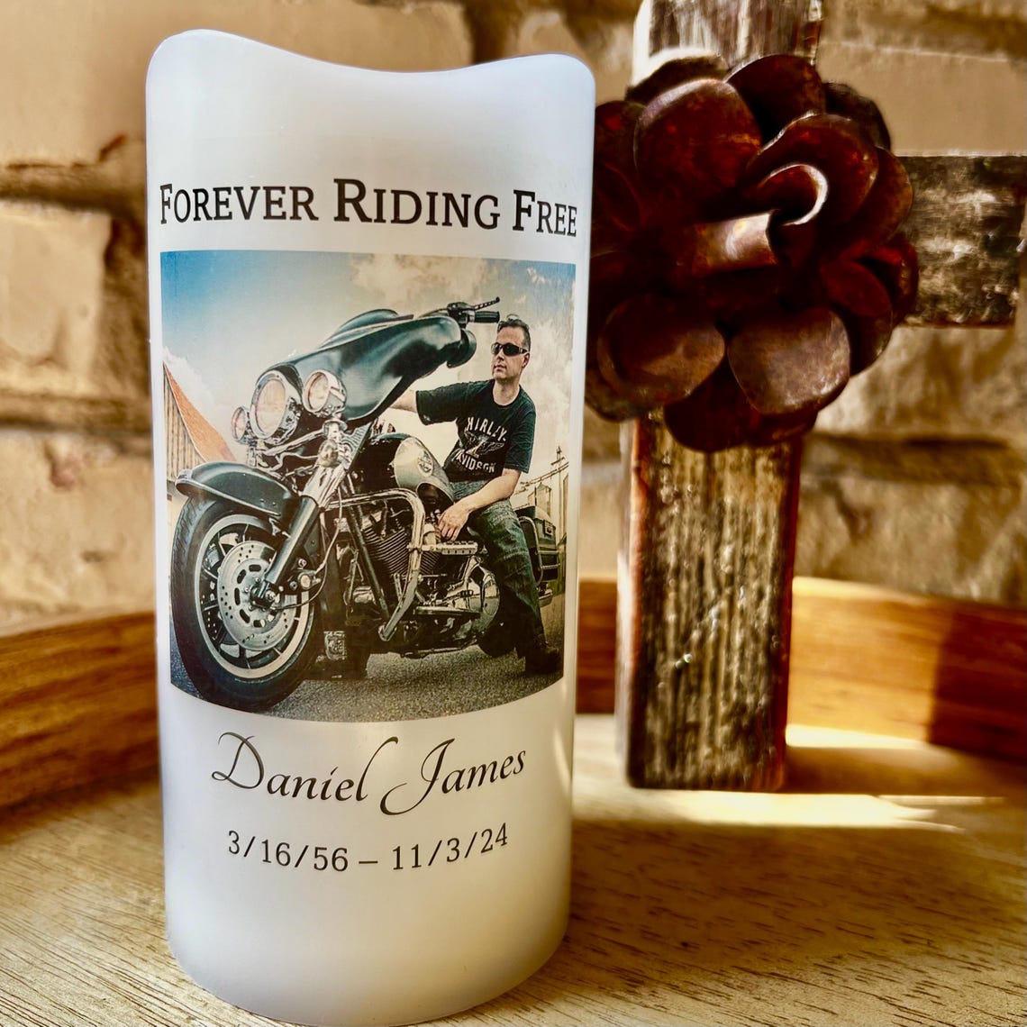 Forever Riding Free, Biker Memorial LED Candle Personalized with Name Dates Photo